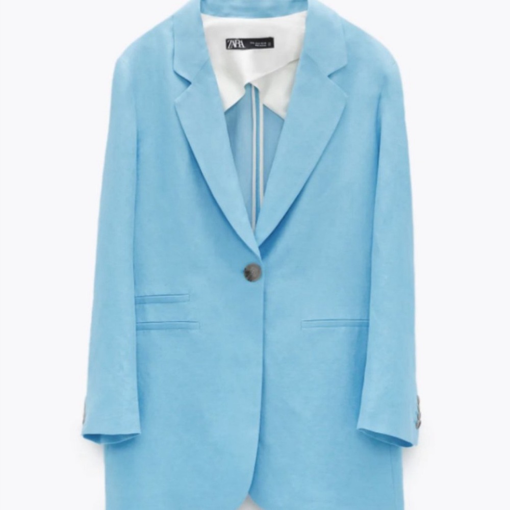 Zara Blue Linen Blazer Oversized